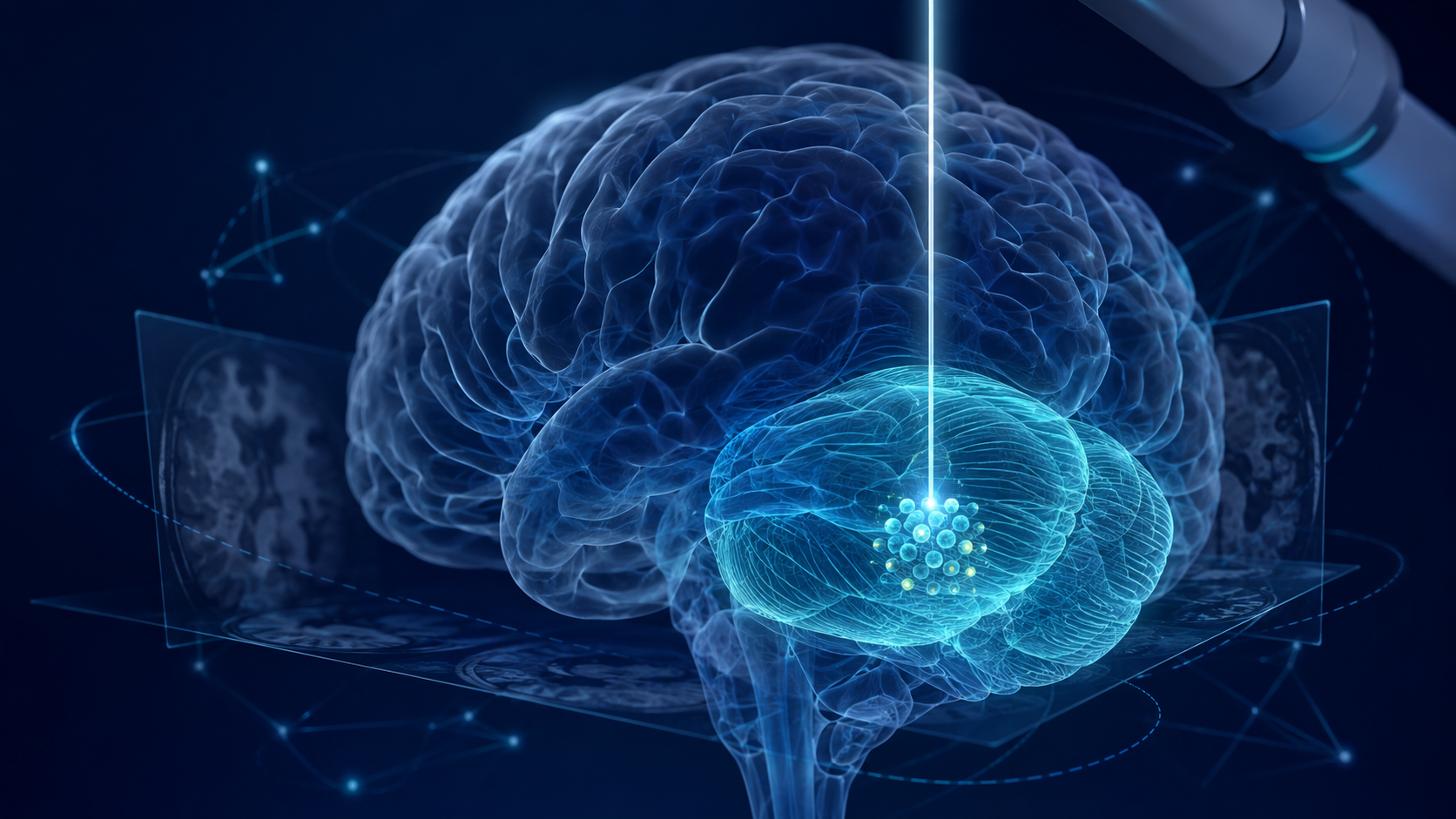 A blue medical technology visualization showing a precision navigation trajectory targeting cell-like nodes in the cerebellum, representing new possibilities in SCA care and stem cell treatment.