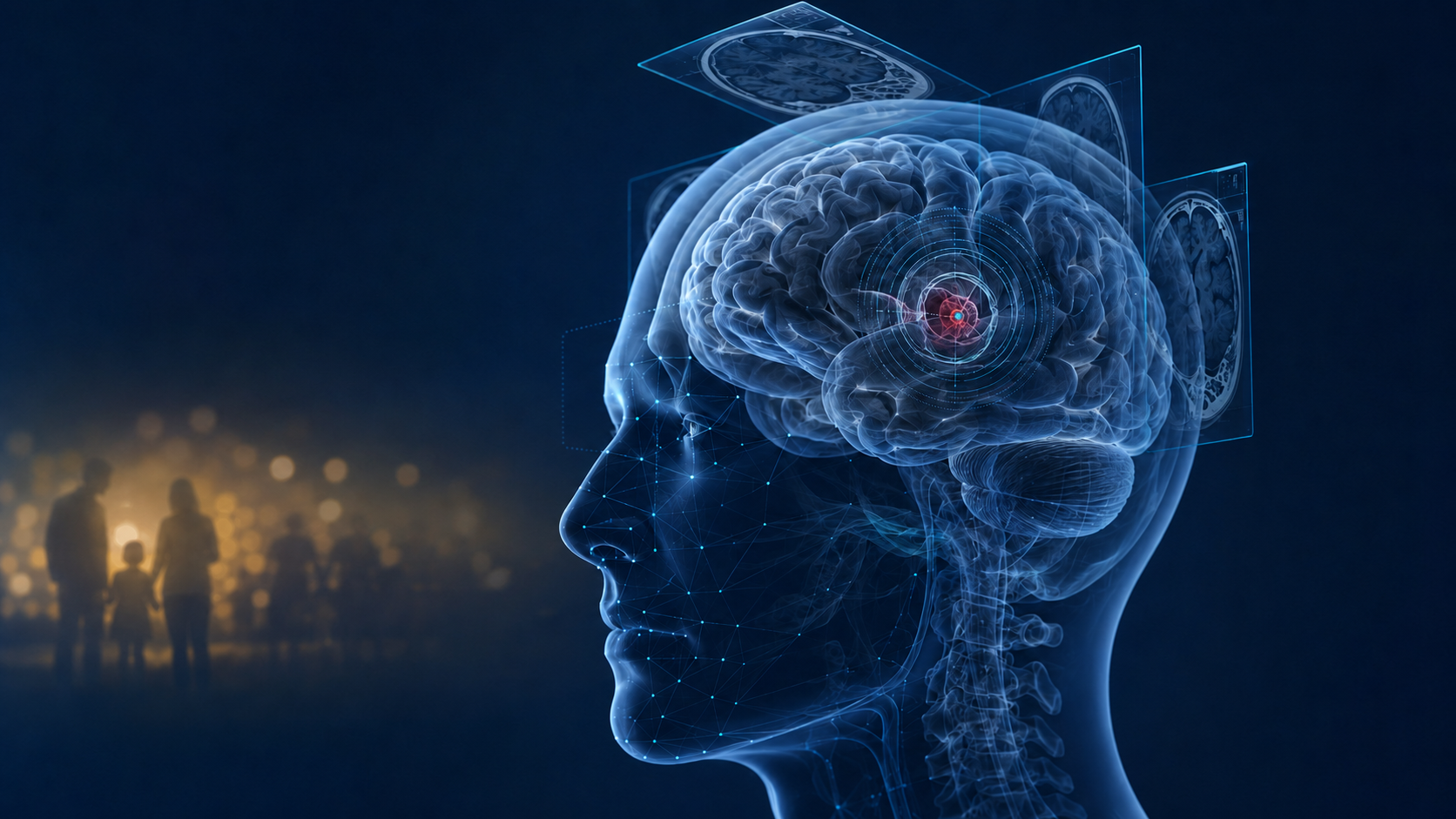 A medical visualization of intracerebral hemorrhage, with MRI scan planes and targeting markers highlighting the affected area of the brain.